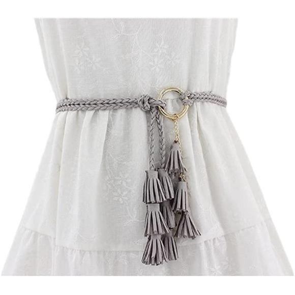 Women Girls PU Leather Waist Belt Chain Skinny Rope with Double Tassel main image 5